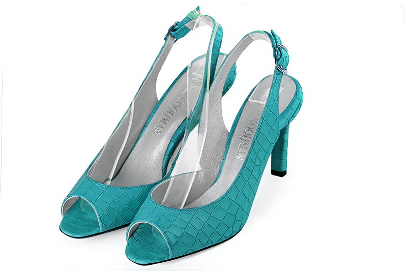 Turquoise blue women's slingback sandals. Square toe. High slim heel. Front view - Florence KOOIJMAN
